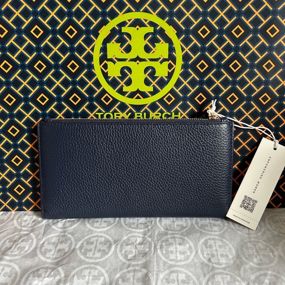 Tory Burch Blake Color Block Slim Envelope Wallet Tory Navy Muscadine Gold - Picture 2 of 9